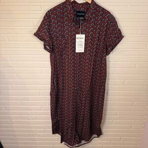 Wildfang Red and Blue Floral Empower Short Sleeve Dress, Women’s Size Large